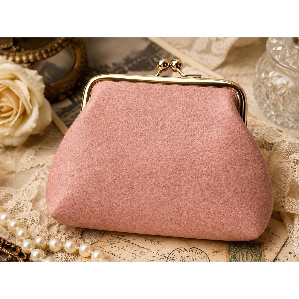 Vintage Blush Kiss Lock Coin Purse Gold Tone Frame Faux Leather Change Wallet